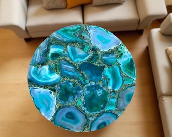 Tablero de mesa de centro de ágata azul hecho a mano: piedra preciosa pulida, detalle de lujo