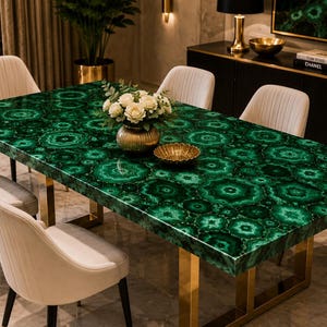Tavolo da pranzo in malachite naturale fatto a mano / Centrotavola di lusso con pietre preziose, mobili su misura