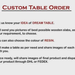 Puede incluir: Imagen con el texto "CUSTOM TABLE ORDER" y pasos numerados que detallan el proceso de pedido de una mesa personalizada. Los pasos incluyen discutir la idea de la mesa, elegir las losas de madera, seleccionar el color de la resina y compartir im&aacute;genes.