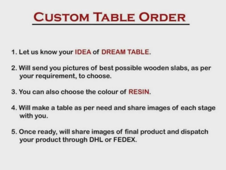Puede incluir: Imagen con el texto "CUSTOM TABLE ORDER" y pasos numerados que detallan el proceso de pedido de una mesa personalizada. Los pasos incluyen discutir la idea de la mesa, elegir las losas de madera, seleccionar el color de la resina y compartir im&aacute;genes.