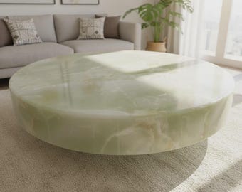 Handgefertigte runde Grün Onyx Couchtischplatte | Naturstein Low-Profile-Mitteltisch | Luxus polierte Onyx Platte für modernes Wohnen