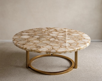 Mesa de centro redonda de ágata blanca hecha a mano / Mesa de centro con base de metal dorado