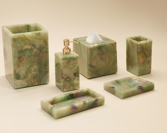 Handmade Green Onyx Bathroom Accessories Set | Natural Stone Bath Decor, Vanity Organizer