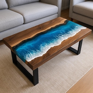 Ocean Wave Epoxy Resin Coffee Table | Handmade Live Edge Walnut Wood River Table| Modern Customization For Living Room Table Decor