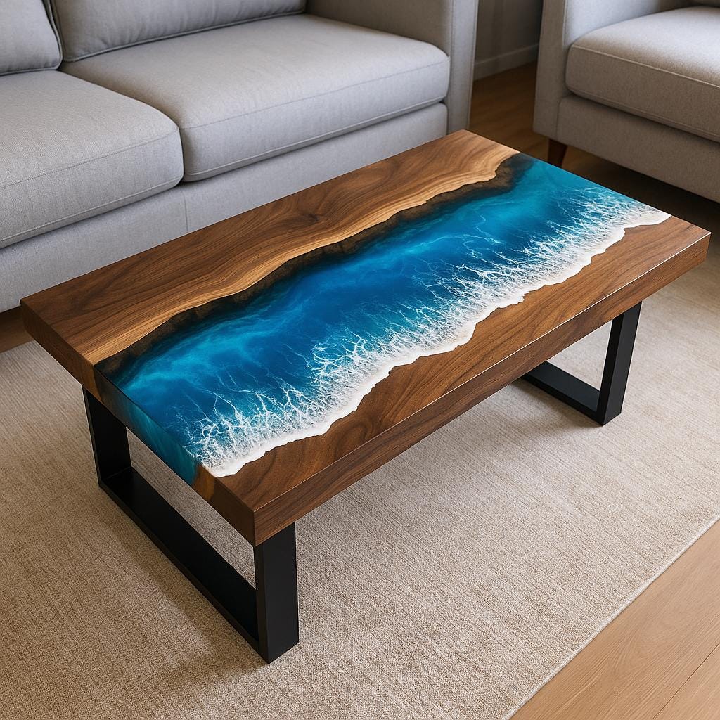 Ocean Wave Epoxy Resin Coffee Table: Live Edge Walnut Wood River Table