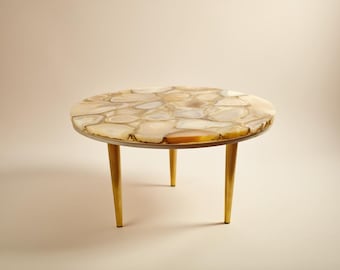 luxury White Agate Side Table with Gold Legs | Handmade Semi Precious Stone Coffee Table | Modern Round Accent Table