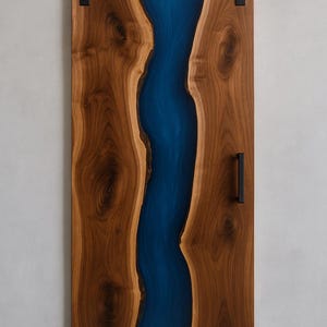 Handmade Live Edge Walnut Barn Door: Deep Blue Epoxy Resin River