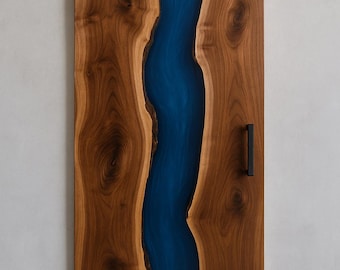 Handmade Live Edge Walnut Barn Door| Deep Blue Epoxy Resin River
