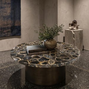 Black Agate Coffee Table | Round Gemstone Mosaic Centerpiece, Luxury Furniture