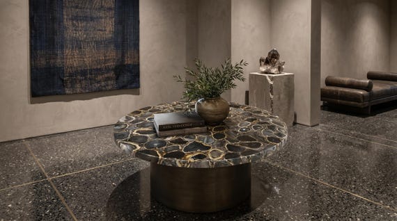 Black Agate Coffee Table | Round Gemstone Mosaic Centerpiece, Luxury Furniture