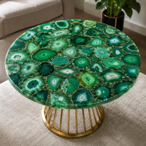 Handmade Green Agate Round Tabletop | Luxury Natural Stone Mosaic Table Top | Emerald Green Coffee Dining Table | Custom Round Table Decor
