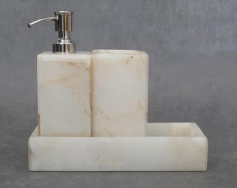 White Quartz Stone Bathroom Set: Handmade Soap Dispenser, Toothbrush Holder & Tray