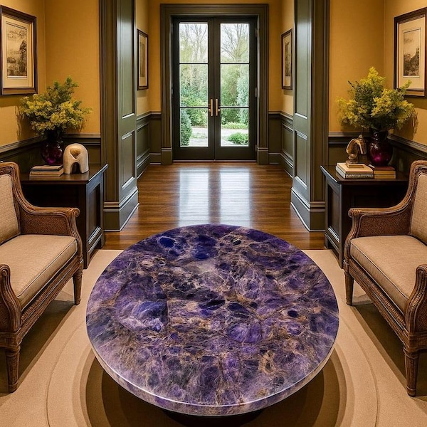 Luxury Handmade Amethyst Coffee Table | Polished Gemstone Center Table