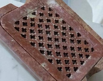 Jabonera de mármol hecha a mano con tapa: soporte rústico de esteatita marrón