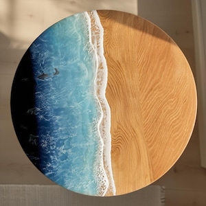 Ocean Wave Resin Wood Tabletop Art | Live Edge Epoxy River Coastal Decor