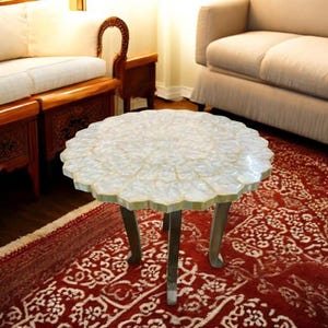 24 Inch Mother of Pearl Side Table | Handmade White Gemstone Accent Table | Round Shell Inlay Tabletop with Metal Legs for Living Room Decor