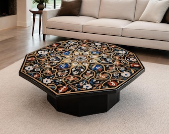Handgemaakte achthoekige salontafel parelmoer | Accenttafel met bloemenmozaïekhars