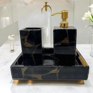 Handmade Black Marble Bathroom Set: Gold Accent Soap Dispenser & Tray