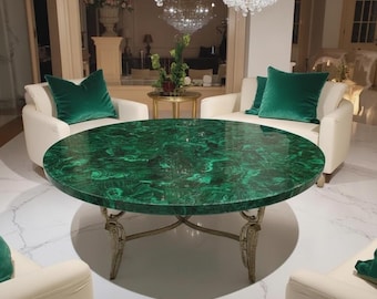 Handcrafted Round Malachite Coffee Table | Genuine Gemstone Top, Brass Base
