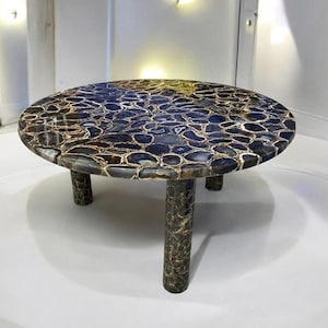 Mesa de centro redonda de ágata azul de lujo hecha a mano / Mesa de centro de piedra semipreciosa natural pulida / Mesa de piedra moderna para la decoración de la sala de estar