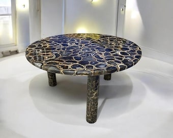Mesa de centro de ágata azul hecha a mano: centro de mesa de piedra pulida