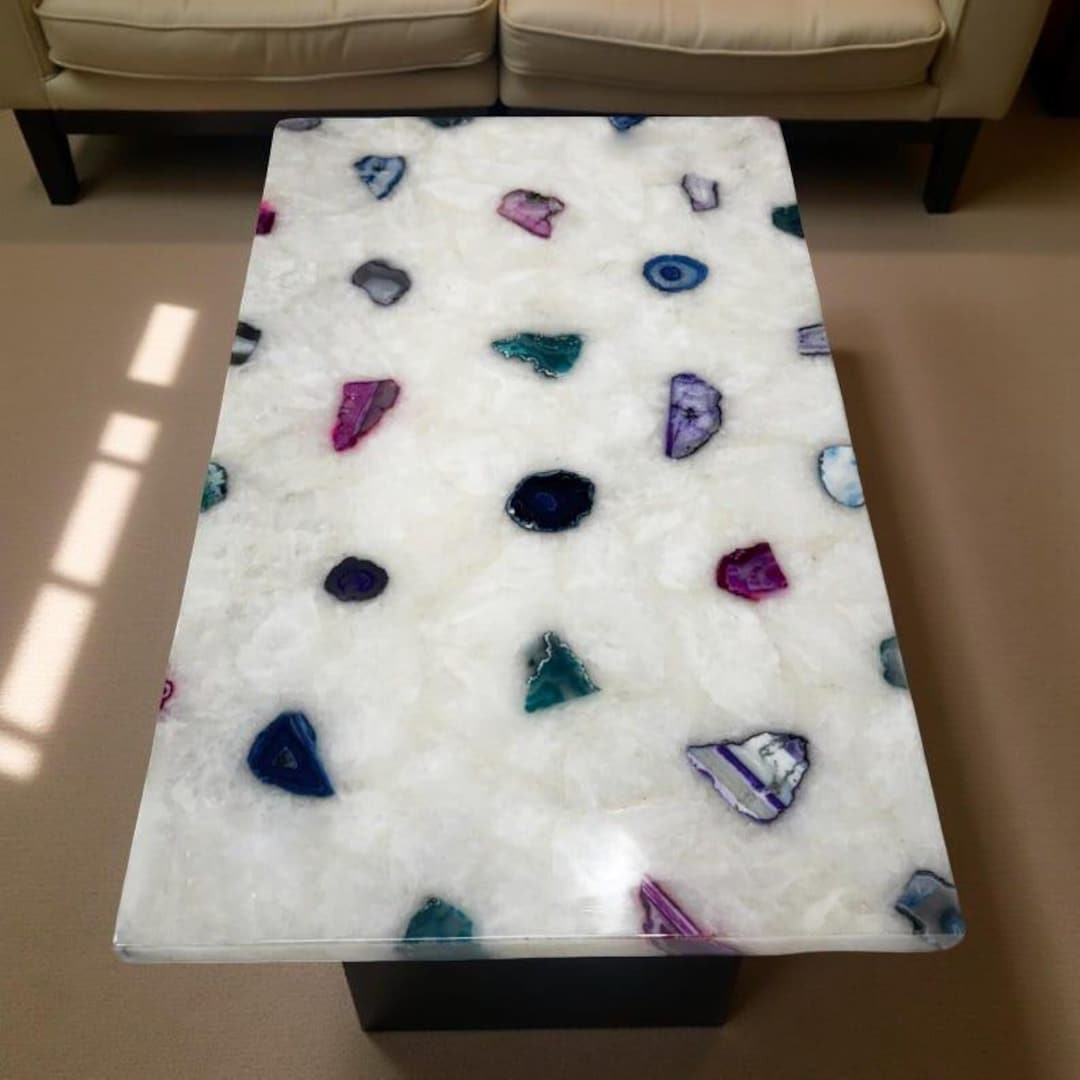 Luxury White Quartz Gemstone Coffee Table | Handcrafted Rectangular ...
