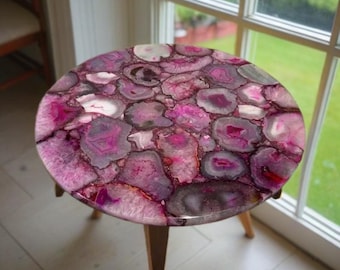 Handcrafted Pink Agate Stone Mosaic Side Table | Natural Geode Decor, Marble Accent