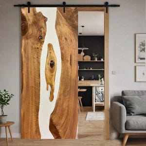 Live Edge Barn Door with White Resin River: Rustic Modern Sliding Door