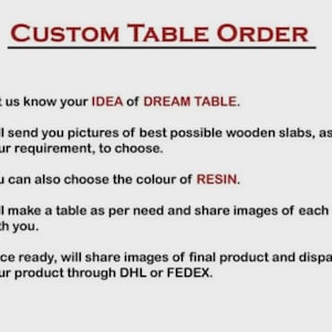 May include: Image with the text "CUSTOM TABLE ORDER" and numbered steps detailing the custom table ordering process. The steps include discussing the table idea, choosing wooden slabs, selecting resin color, and sharing images of the table's progress.