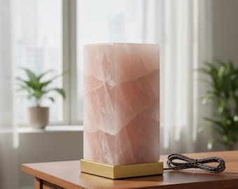 Handcrafted Rose Quartz Table Lamp with Brass Base | Natural Pink Crystal Stone Lamp |