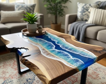 Mesa de centro de nogal con borde natural: Mesa de río de resina epoxi con diseño de olas oceánicas