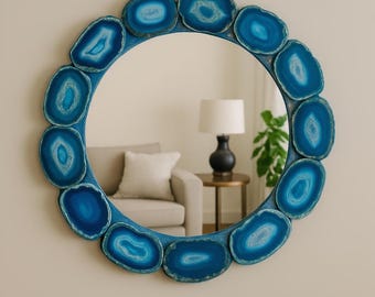 Espejo redondo de ágata azul / Marco de piedra preciosa natural para decoración de pared.