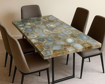 Blue Agate Dining Table | Handmade Gemstone Slab, Polished Stone Furniture