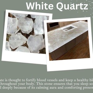 Puede incluir: Dos im&aacute;genes de cuarzo blanco. Una muestra varias piedras de cuarzo en bruto. La otra muestra una encimera de cuarzo con un hueco para el fregadero. El texto en la parte superior dice "White Quartz". El texto en la parte inferior describe los beneficios del &aacute;gata.