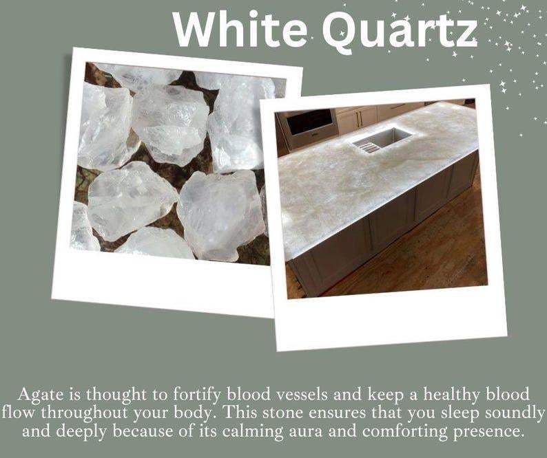 Puede incluir: Dos im&aacute;genes de cuarzo blanco. Una muestra varias piedras de cuarzo en bruto. La otra muestra una encimera de cuarzo con un hueco para el fregadero. El texto en la parte superior dice "White Quartz". El texto en la parte inferior describe los beneficios del &aacute;gata.