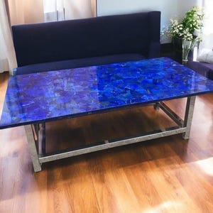 Handmade Lapis Lazuli Coffee Table: Blue Gemstone Tabletop, Stainless Steel Base