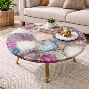 Handmade Agate Amethyst Coffee Table | Natural Gemstone Mosaic Centerpiece