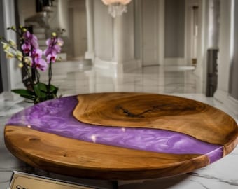 Table basse ronde fabriquée à la main Live Edge | Centre de table en bois naturel massif et résine époxy violette