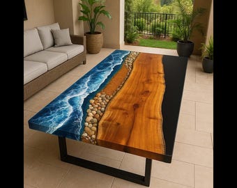 Mesa de centro artesanal de resina con diseño de río oceánico: decoración costera con bordes naturales.