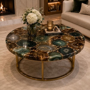 Green Agate Coffee Table | Handmade Gemstone Center Table, Gold Metal Base
