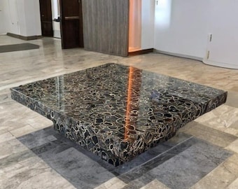 Luxus Couchtisch aus schwarzem Achat - handgefertigter polierter Stein - moderner quadratischer Wohnzimmertisch