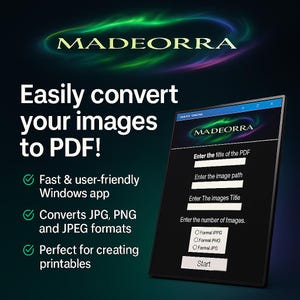May include: A digital image shows the MADEORRA logo with the text "Easily convert your images to PDF!" and a tablet displaying the app interface. The app converts JPG, PNG, and JPEG formats and is perfect for creating printables.