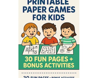 Puede incluir: Una colorida ilustración que promociona juegos de papel imprimibles para niños. La imagen presenta a tres niños de dibujos animados dibujando en papel. El texto incluye "PRINTABLE PAPER GAMES FOR KIDS" y "30 FUN PAGES + BONUS ACTIVITIES".