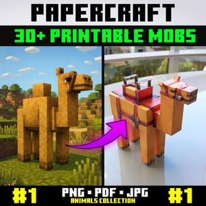 Può includere: Immagine con due modelli di cammello di carta. Il cammello a sinistra è in un ambiente naturale all'aperto, mentre il cammello a destra è su una superficie bianca. Il testo in alto recita "PAPERCRAFT" e "30+ PRINTABLE MOBS". Il testo aggiuntivo include "#1" e "PNG - PDF - JPG ANIMALS COLLECTION #1".