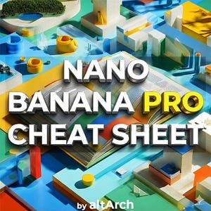 May include: An abstract composition featuring the text "NANO BANANA PRO CHEAT SHEET" in bold, metallic letters. The image incorporates geometric shapes, open books, and miniature objects in a vibrant color palette of blue, yellow, and green.