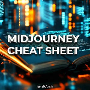 Könnte beinhalten: Ein aufgeschlagenes Buch mit dem Text "MIDJOURNEY CHEAT SHEET" in weißen, dreidimensionalen Buchstaben. Der Hintergrund zeigt ein digitales, futuristisches Design mit blauen und orangenen Elementen. Der Text "by altArch" befindet sich unten.