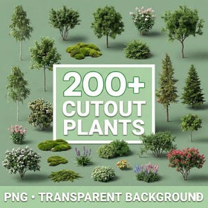 May include: A collection of cutout plants, including trees, shrubs, and flowering plants, are displayed on a green backdrop. A white rectangle in the center displays the text "200+ CUTOUT PLANTS". The bottom of the image reads "PNG • TRANSPARENT BACKGROUND."
