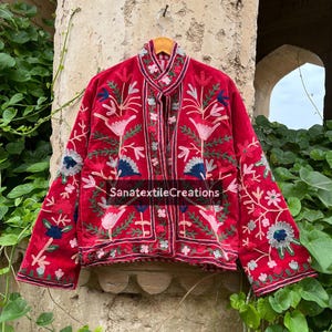 Velvet Suzani Embroidered Bolero Jacket: Boho Indian Crewelwork