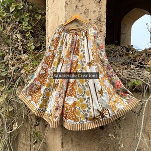 Golden Two Side Cotton Block Print Patchwork Skirt, Handmade Gypsy Tiered Maxi Skirt