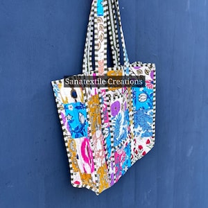 Bolso tote de algodón con estampado de bloques y patchwork: bolso de hombro acolchado